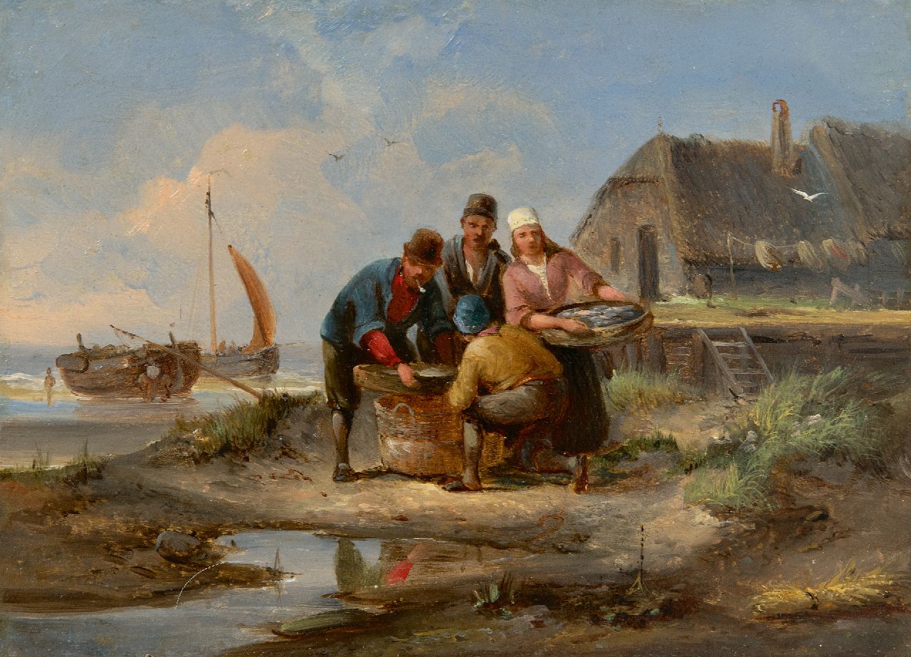 Dommershuijzen P.C.  | Pieter Cornelis Dommershuijzen | Schilderijen te koop aangeboden | Visafslag aan de kust van Marken, olieverf op paneel 17,0 x 23,2 cm, zonder lijst