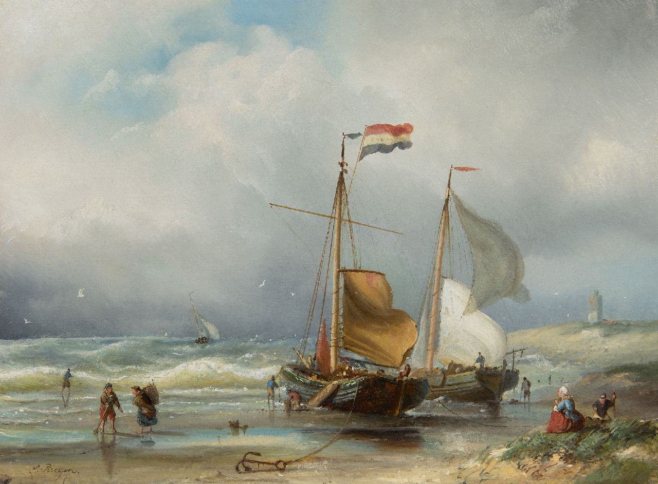 Riegen N.  | Nicolaas Riegen | Schilderijen te koop aangeboden | Pinken en vissersvolk op het strand, olieverf op paneel 31,2 x 41,7 cm, gesigneerd linksonder