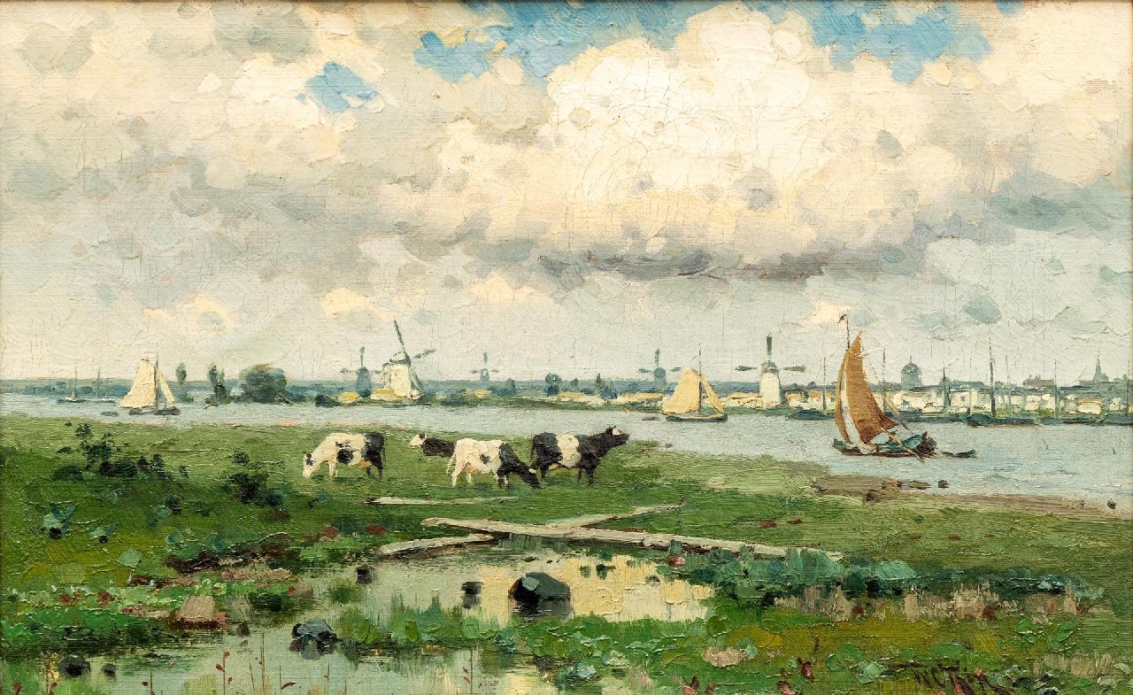 Rip W.C.  | 'Willem' Cornelis Rip | Schilderijen te koop aangeboden | Zonnige dag bij Overschie, olieverf op doek 26,2 x 42,1 cm, gesigneerd rechtsonder