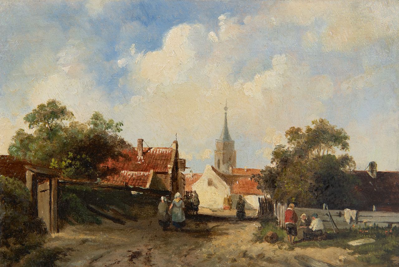 Leickert C.H.J.  | 'Charles' Henri Joseph Leickert | Schilderijen te koop aangeboden | Gezicht in een Hollands dorpje, olieverf op paneel 12,8 x 18,9 cm, gesigneerd rechtsonder met initialen