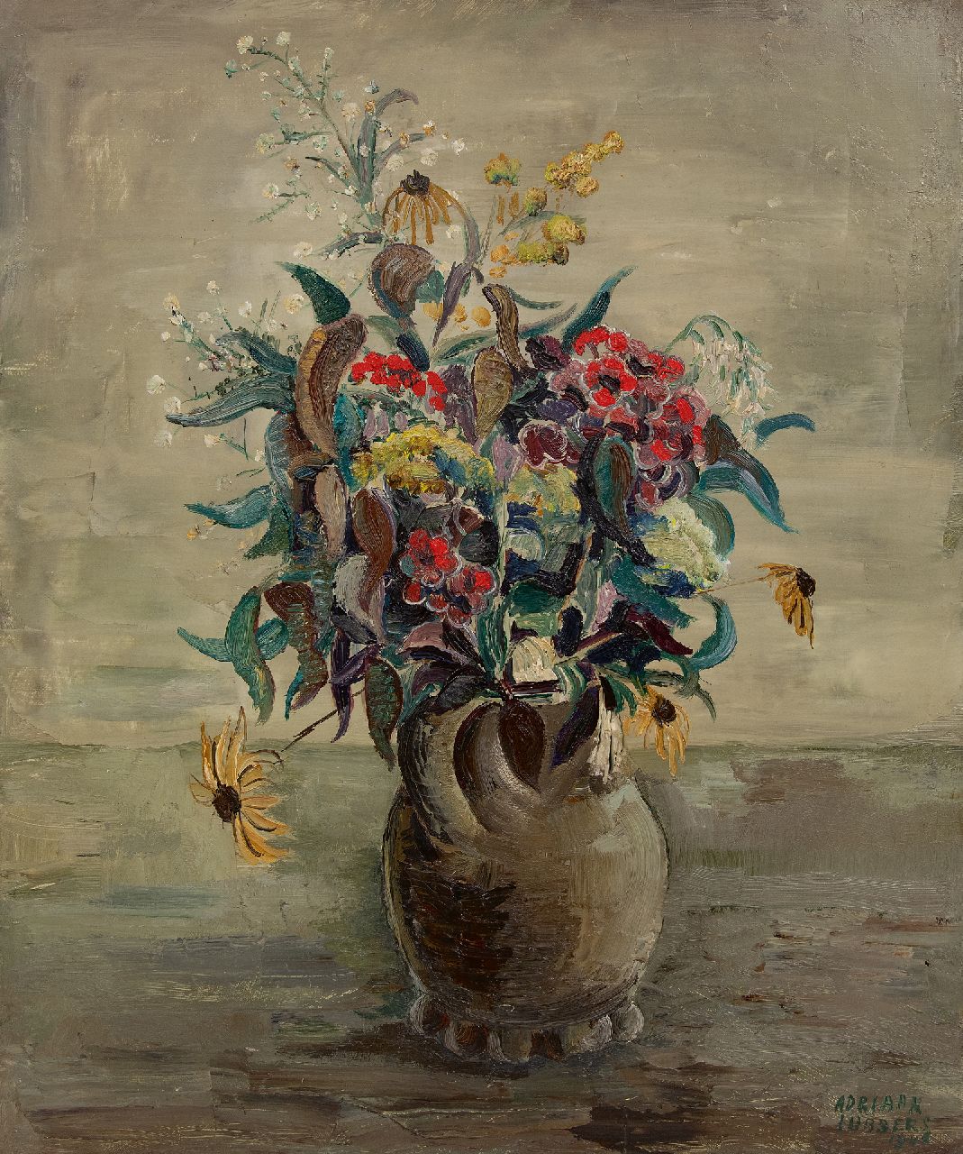 Lubbers A.  | Adriaan Lubbers | Schilderijen te koop aangeboden | Bloemstilleven in aardewerken vaas, olieverf op doek 60,0 x 50,3 cm, gesigneerd rechtsonder en gedateerd 1946