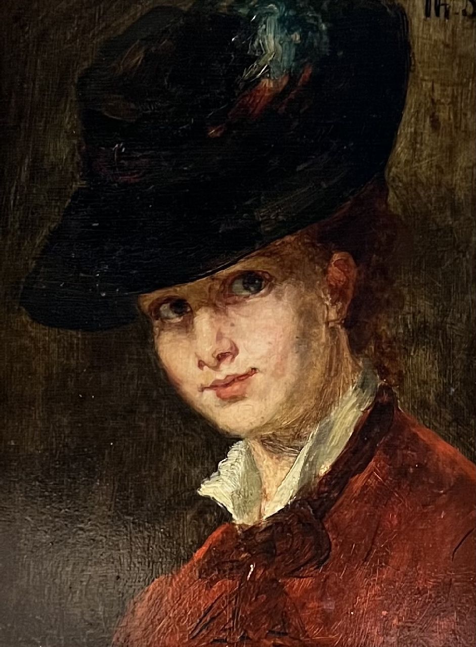 Schwartze T.  | Thérèse Schwartze | Schilderijen te koop aangeboden | Portret van Lizzy Ansingh met hoed, olieverf op paneel 24,0 x 17,9 cm, gesigneerd rechtsboven met initialen