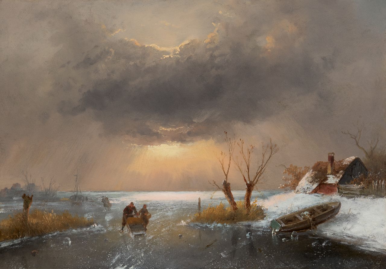 Leickert C.H.J.  | 'Charles' Henri Joseph Leickert | Schilderijen te koop aangeboden | Hollandse winter met schaatsers bij zonsondergang, olieverf op paneel 33,8 x 48,2 cm, gesigneerd rechtsonder