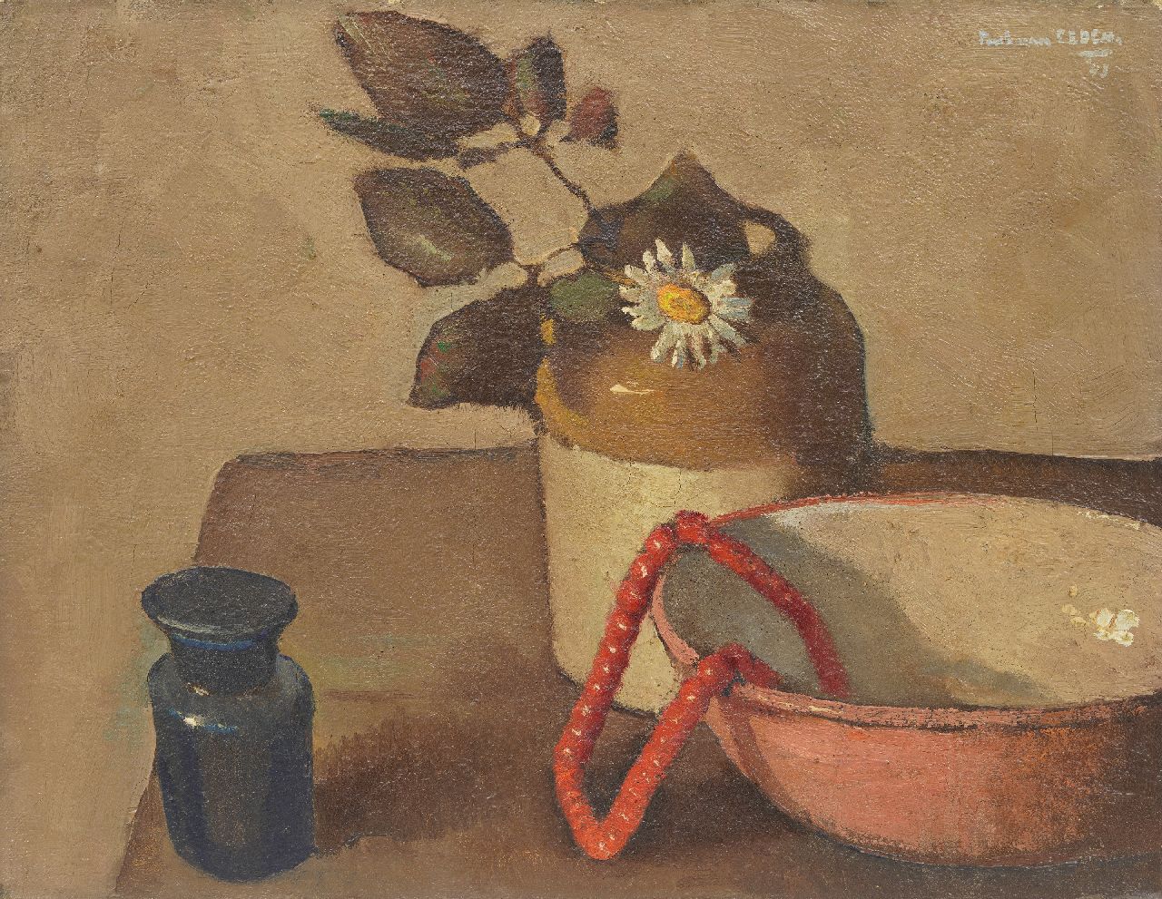 Eeden P. van | Paul van Eeden | Schilderijen te koop aangeboden | Stilleven met margriet en rode ketting, olieverf op doek 36,2 x 46,4 cm, gesigneerd rechtsboven en gedateed '43