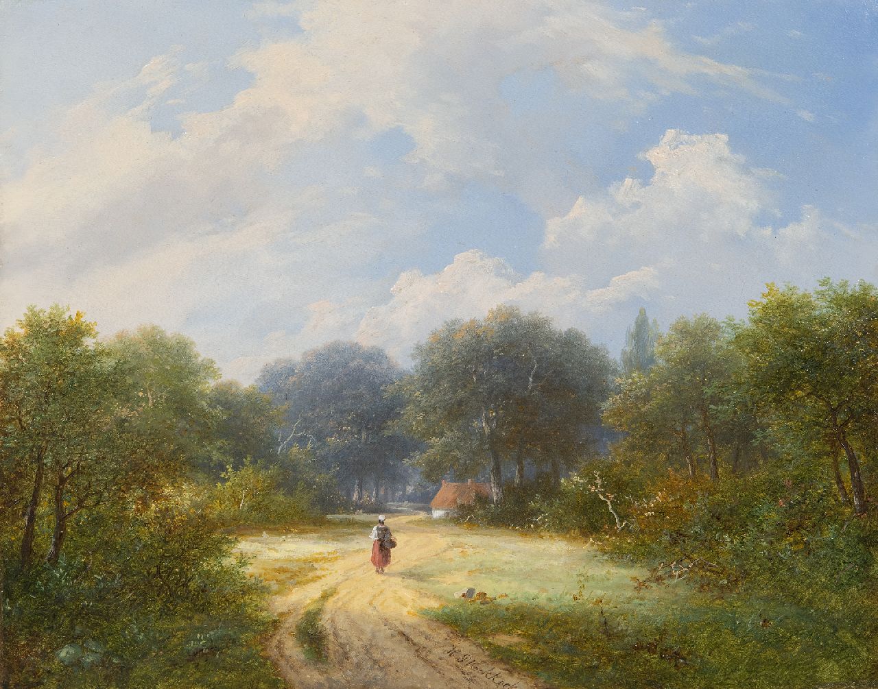 Koekkoek P.H.  | Pieter Hendrik 'H.P.' Koekkoek, Zomerlandschap met wandelaar, olieverf op paneel 26,1 x 33,0 cm, gesigneerd middenonder