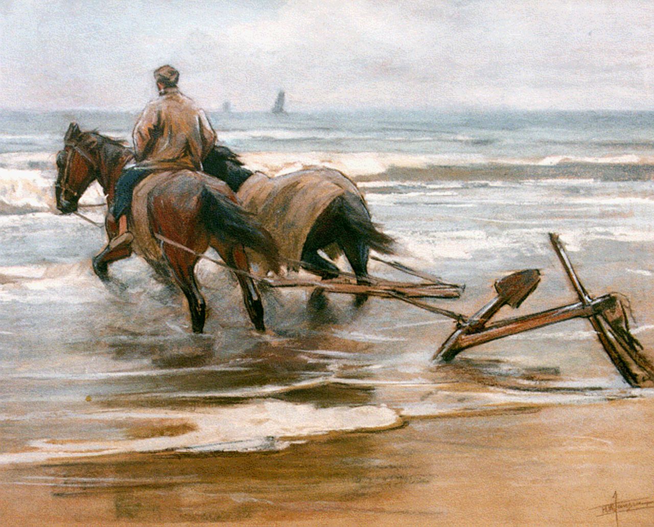 Jansen H.W.  | Hendrik Willebrord Jansen, Strandgezicht met man, twee paarden en anker, pastel op papier 41,0 x 52,0 cm, gesigneerd rechtsonder
