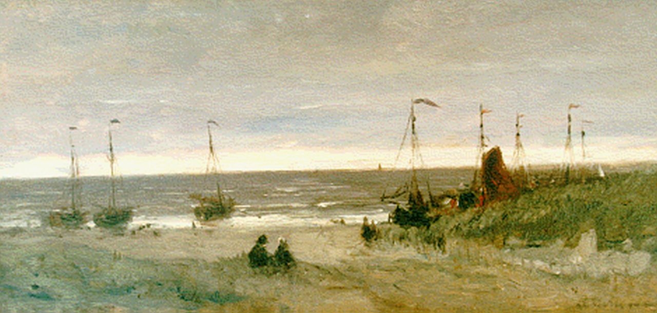 Mesdag H.W.  | Hendrik Willem Mesdag, Doorkijkje vanaf de duinen op het strand met bomschuiten, olieverf op paneel 12,6 x 26,0 cm, gesigneerd vaag