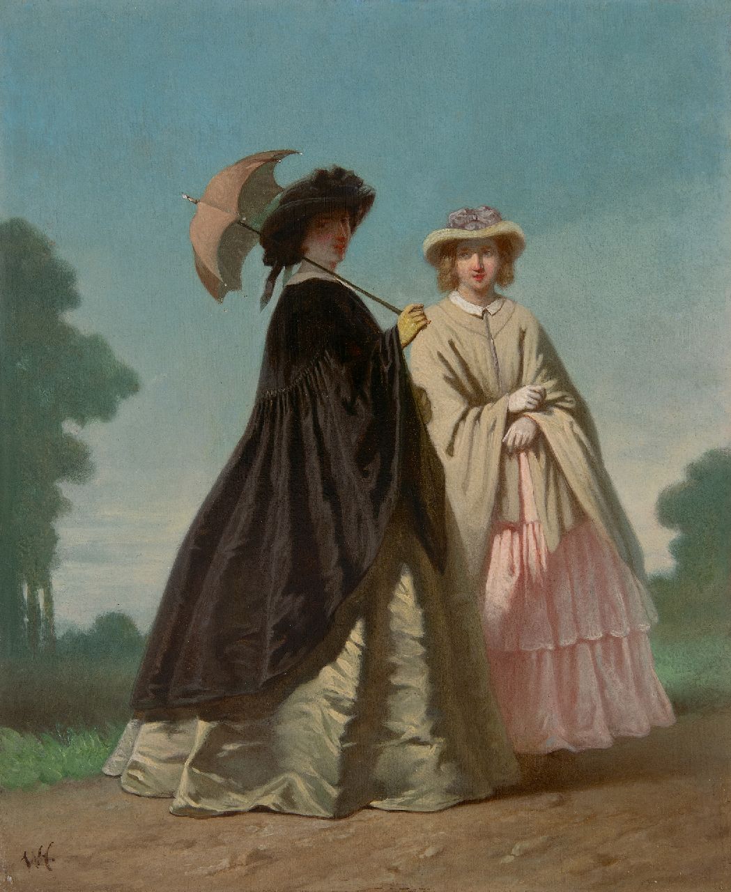 Hoevenaar W.P.  | Willem Pieter Hoevenaar | Schilderijen te koop aangeboden | Twee elegante vrouwen tijdens een wandeling, olieverf op paneel 31,3 x 25,5 cm, gesigneerd linksonder met monogram