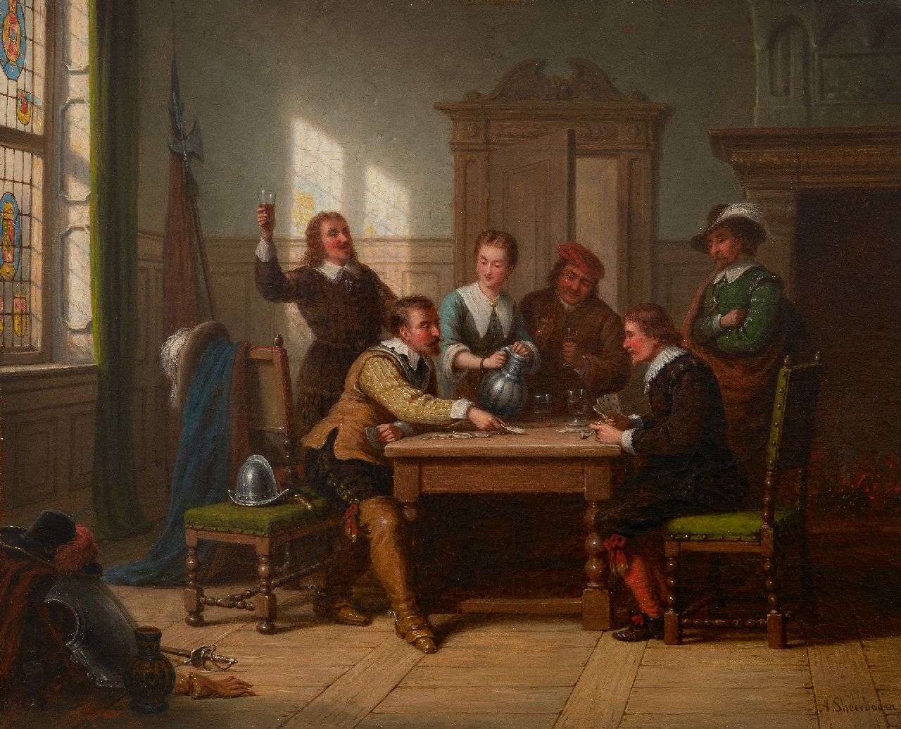 Scheerboom A.  | Andries Scheerboom | Schilderijen te koop aangeboden | Drinkende en kaartspelende soldaten, olieverf op doek 43,7 x 54,1 cm, gesigneerd rechtsonder