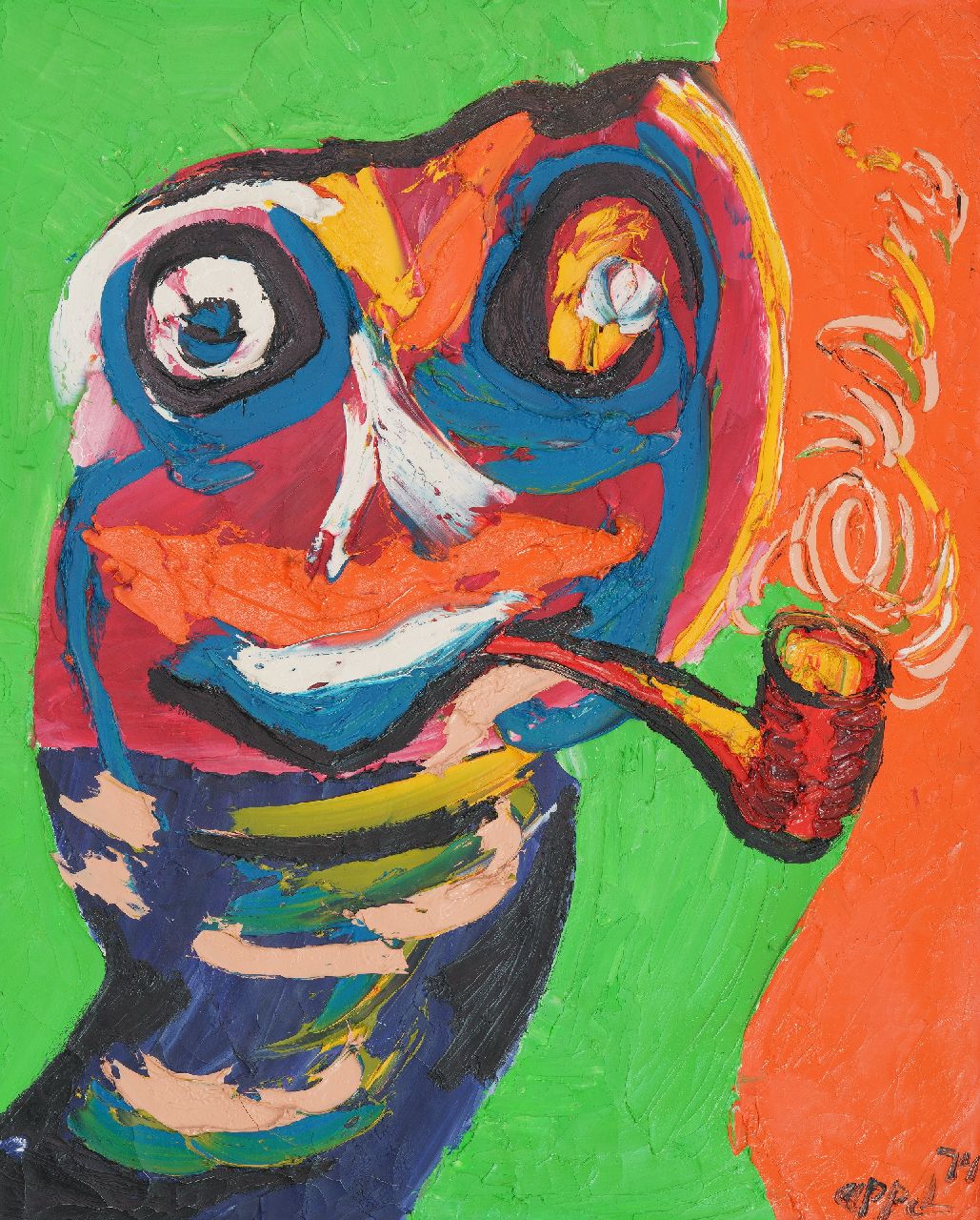 Appel C.K.  | Christiaan 'Karel' Appel | Schilderijen te koop aangeboden | Femme à la pipe (ode aan Van Gogh met pijp), olieverf op doek 100,2 x 80,8 cm, gesigneerd rechtsonder en gedateerd '74  niet meer beschikbaar