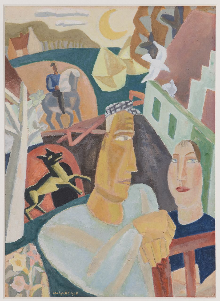 Gestel L.  | Leendert 'Leo' Gestel, Man en vrouw met op de achtergrond een ruiter, gouache op papier 37,2 x 27,0 cm, gesigneerd linksonder en gedateerd 1928