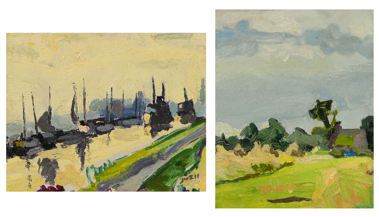 Zee J. van der | Jan van der Zee | Schilderijen te koop aangeboden | Schepen in het Damsterdiep; verso: Zomerlandschap, olieverf op paneel 24,4 x 30,5 cm, gesigneerd rechtsonder