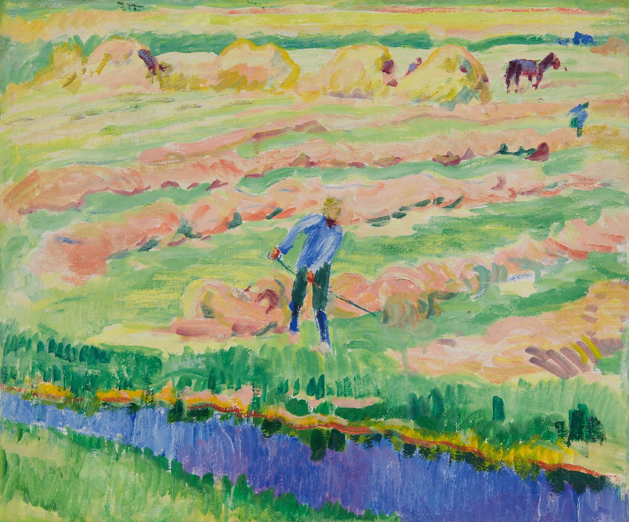 Altink J.  | Jan Altink | Schilderijen te koop aangeboden | Gronings landschap met hooiende boer, olieverf op doek 50,3 x 60,2 cm