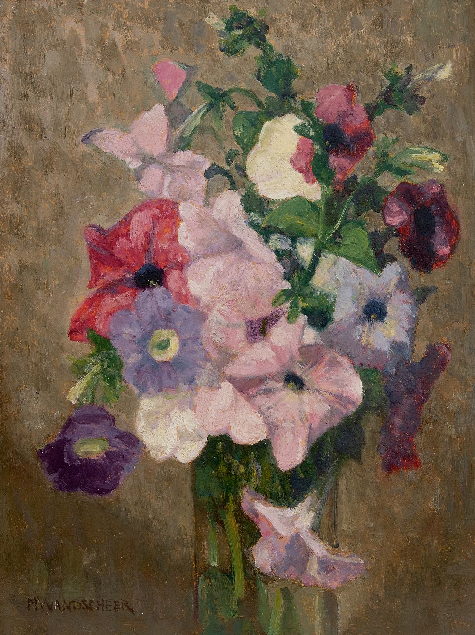 Wandscheer M.W.  | Maria Wilhelmina 'Marie' Wandscheer | Schilderijen te koop aangeboden | Bloemstilleven met petunia's, olieverf op paneel 32,2 x 23,6 cm, gesigneerd linksonder