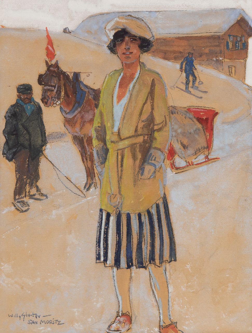 Sluiter J.W.  | Jan Willem 'Willy' Sluiter, Wintersport in St. Moritz, zwart krijt en aquarel op papier 31,2 x 25,1 cm, gesigneerd linksonder en verso gedateerd 1928