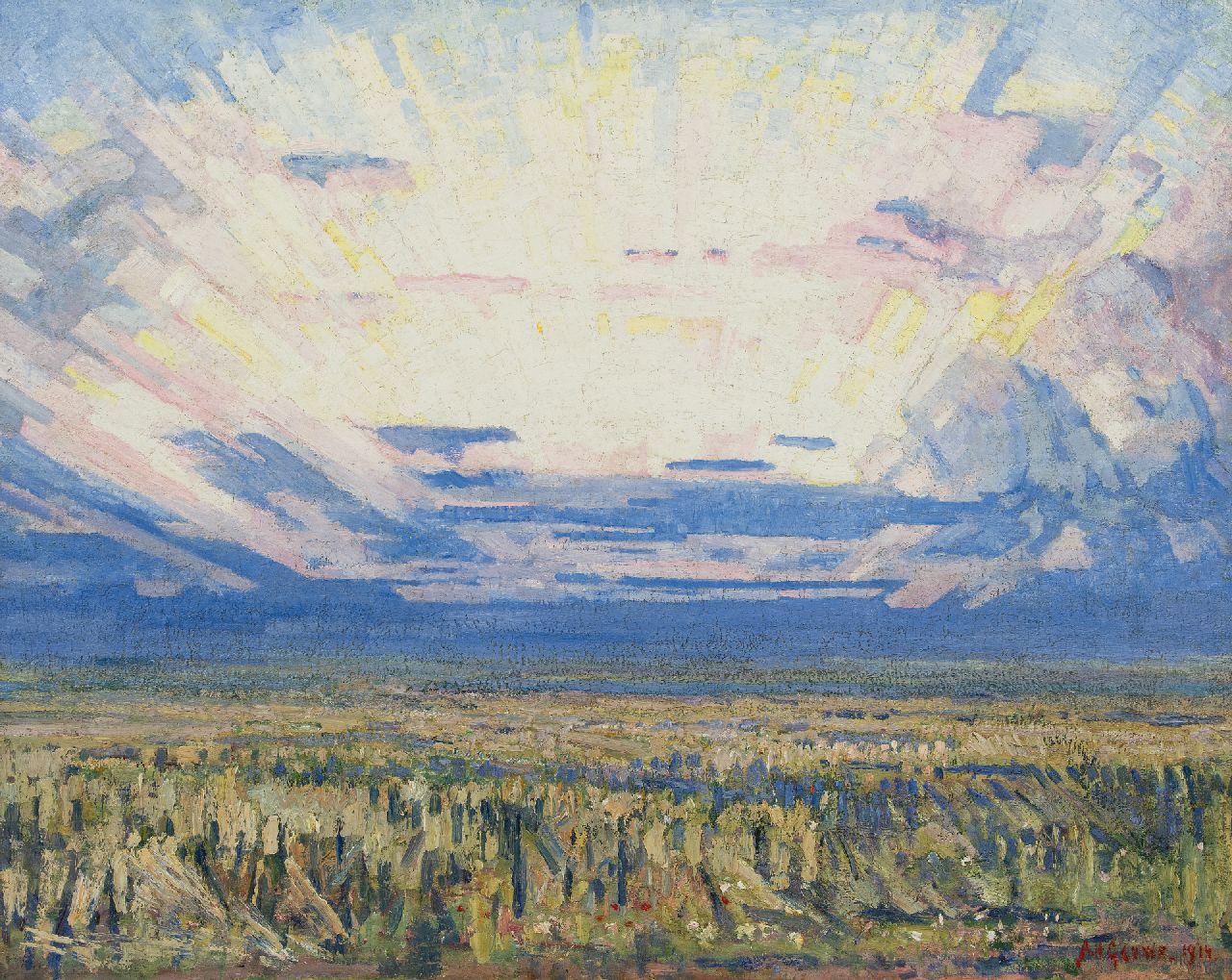 Gouwe A.H.  | Adriaan Herman Gouwe | Schilderijen te koop aangeboden | Landschap bij zonsopgang, olieverf op doek 79,8 x 99,5 cm, gesigneerd rechtsonder en gedateerd 1914