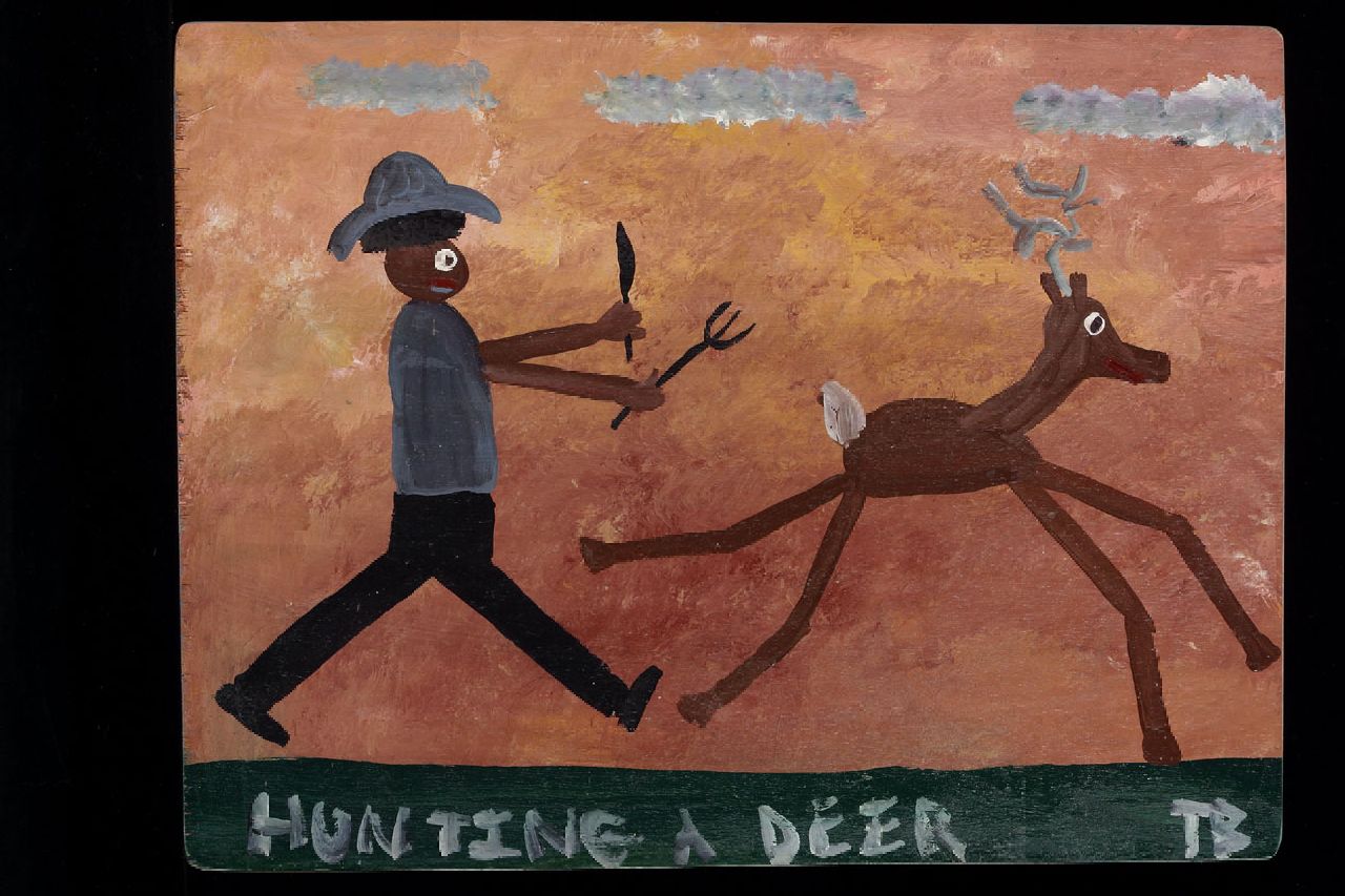 Brown T.  | Timothy 'Tim' Brown, Hunting a deer, acryl op paneel 35,0 x 46,0 cm, gesigneerd rechtsonder met initialen