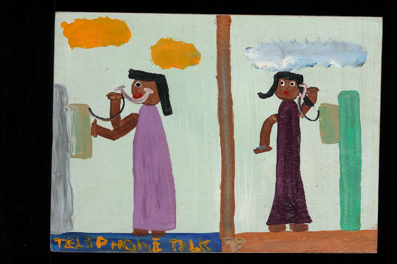 Brown T. | Timothy 'Tim' Brown, Telephone talk, acryl op paneel 35,0 x 48,0 cm, gesigneerd middenonder met initialen Brown T. | Timothy 'Tim' Brown, Telephone talk, acryl op paneel 35,0 x 48,0 cm, gesigneerd middenonder met initialen