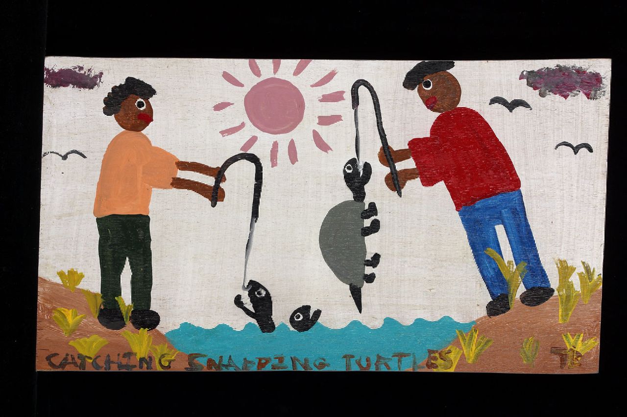Brown T. | Timothy 'Tim' Brown, Catching snapping turtles, acryl op paneel 31,0 x 55,0 cm, gesigneerd rechtsonder met initialen Brown T. | Timothy 'Tim' Brown, Catching snapping turtles, acryl op paneel 31,0 x 55,0 cm, gesigneerd rechtsonder met initialen