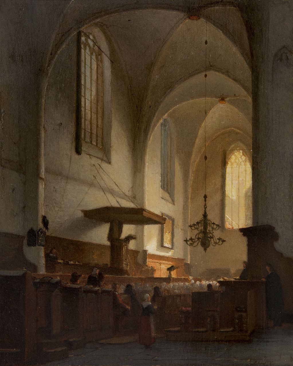 Schenkel J.J.  | Jan Jacob Schenkel | Schilderijen te koop aangeboden | Kerkinterieur, olieverf op paneel 34,2 x 27,7 cm, gesigneerd rechtsonder