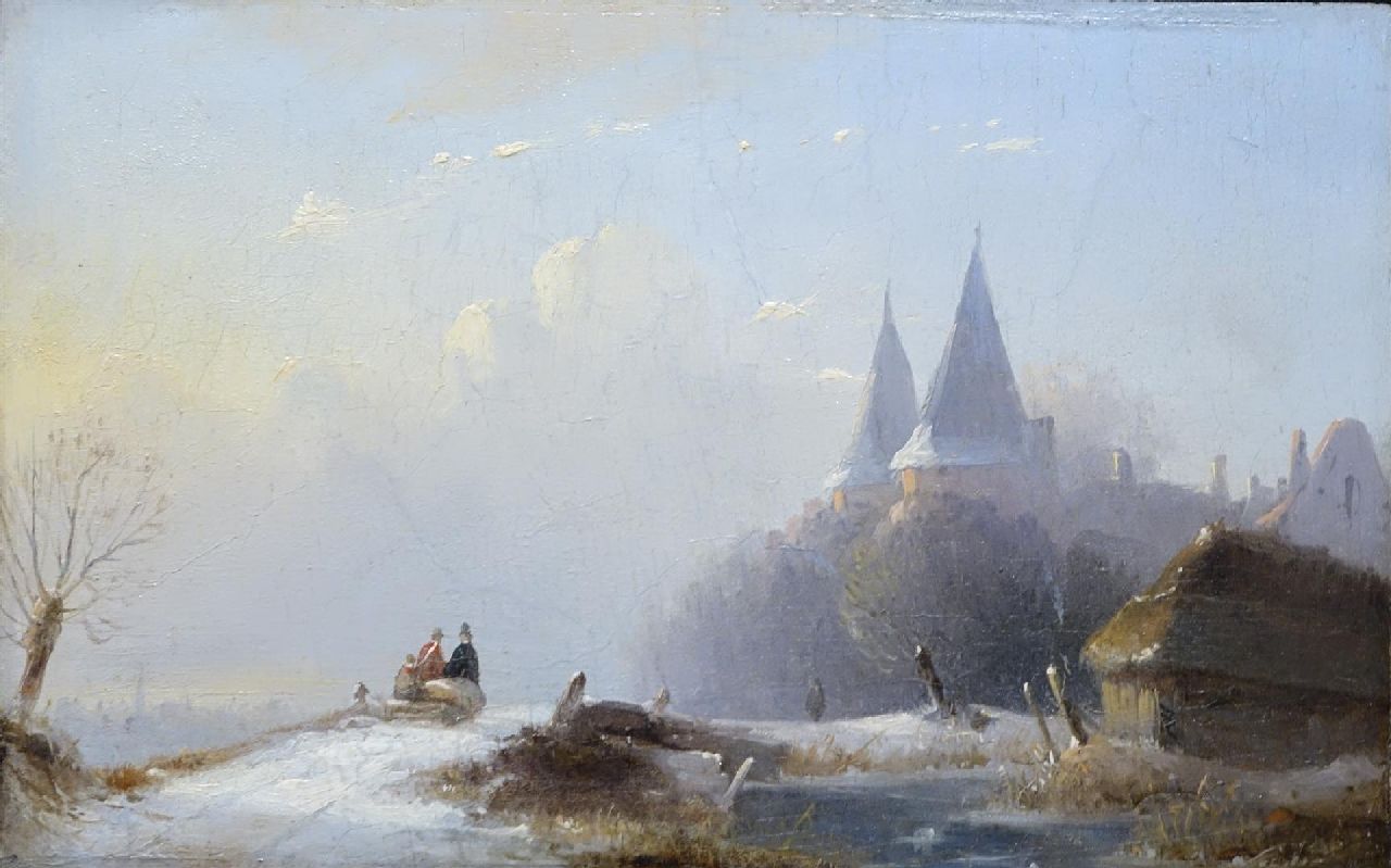 Wayen Pieterszen A. van der | Abraham van der Wayen Pieterszen | Schilderijen te koop aangeboden | Stadspoort in besneeuwd landschap, olieverf op paneel 14,3 x 22,4 cm