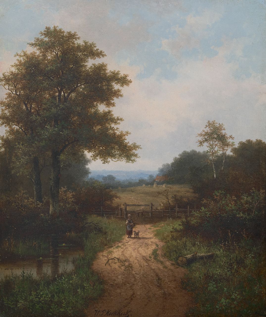 Hendrik Pieter Koekkoek | Boerin en hond op beboste landweg, olieverf op doek, 61,0 x 50,7 cm, gesigneerd m.o.