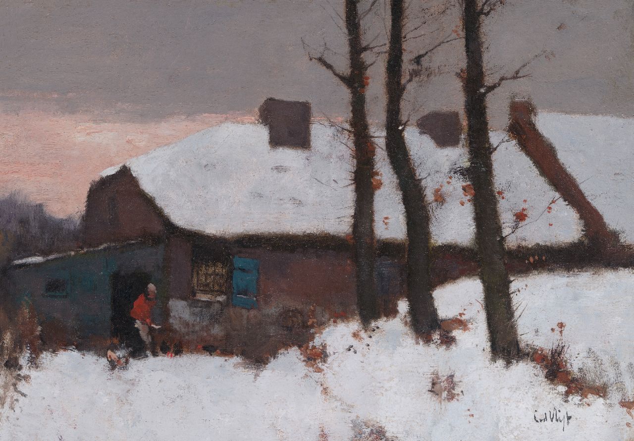 Vlist L. van der | Leendert van der Vlist | Schilderijen te koop aangeboden | Kippen voeren in de sneeuw, olieverf op doek 24,8 x 34,6 cm, gesigneerd rechtsonder