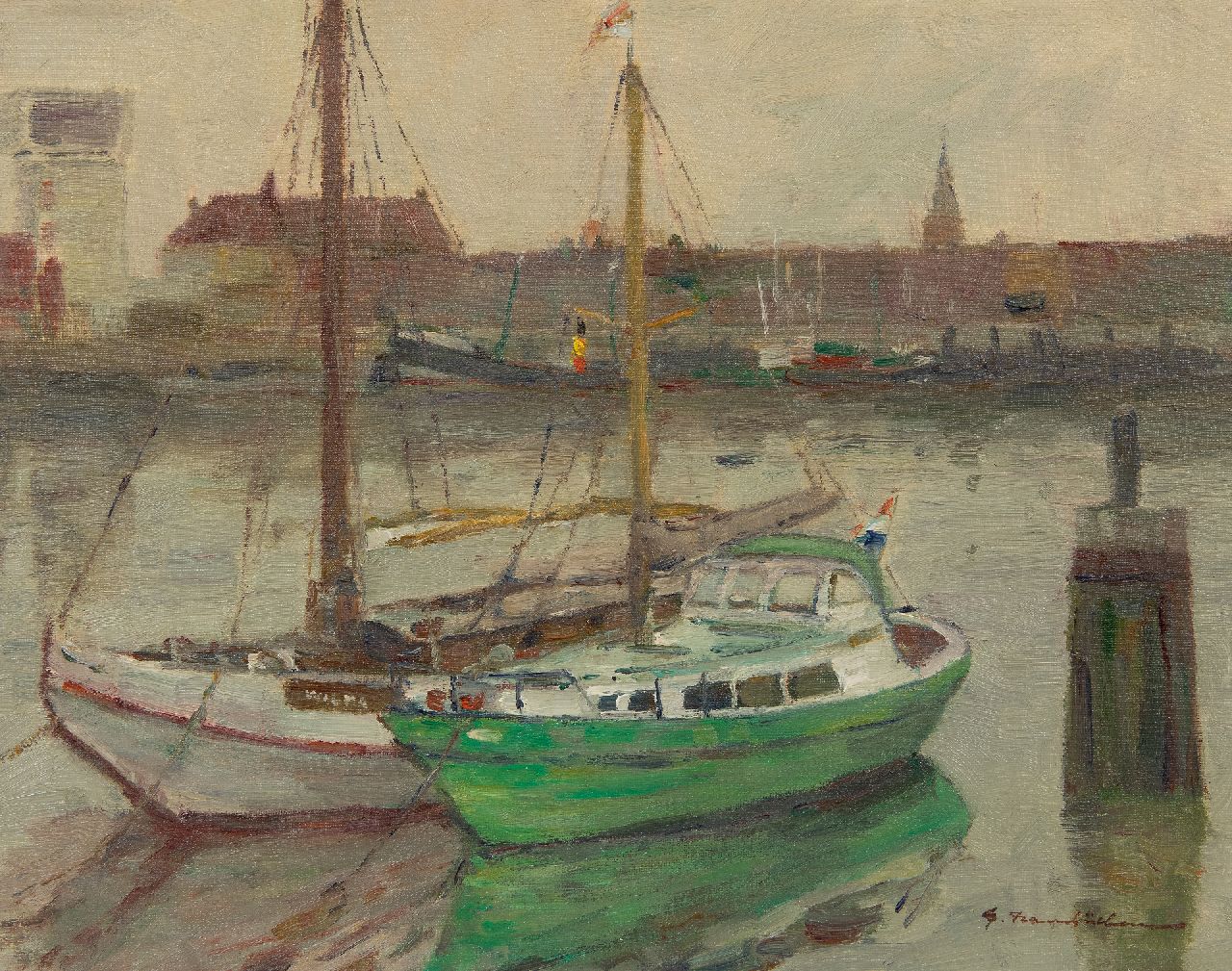 Hambüchen G.  | Georg Hambüchen | Schilderijen te koop aangeboden | Zeilschepen in Belgische haven, een hollandse zeiljacht, olieverf op doek 40,1 x 50,2 cm, gesigneerd rechtsonder en zonder lijst