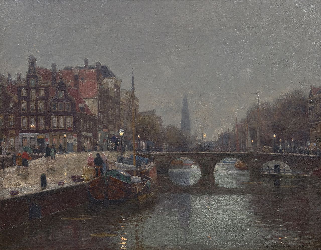 Hermanns H.  | Heinrich Hermanns, De Prinsengracht in Amsterdam bij regen, olieverf op doek 55,8 x 70,7 cm, gesigneerd rechtsonder en gedateerd '90