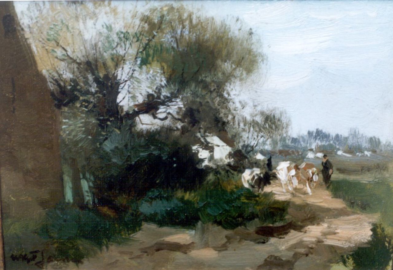 Jansen W.G.F.  | 'Willem' George Frederik Jansen, Koeien in boerenlandschap, olieverf op paneel 15,1 x 21,6 cm, gesigneerd linksonder