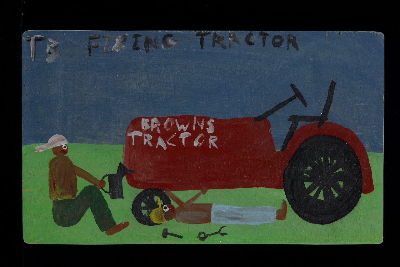 Brown T. | Timothy 'Tim' Brown, Fixing tractor, acryl op paneel 30,0 x 50,0 cm, gesigneerd linksboven met initialen Brown T. | Timothy 'Tim' Brown, Fixing tractor, acryl op paneel 30,0 x 50,0 cm, gesigneerd linksboven met initialen
