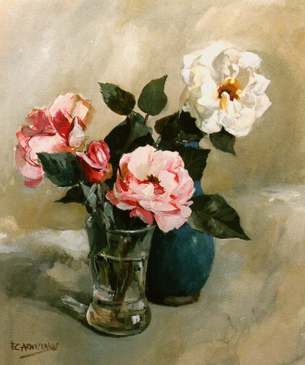 Arntzenius E.C.  | Elise Claudine Arntzenius, Stilleven met rozen, aquarel op papier 40,0 x 34,2 cm, gesigneerd linksonder