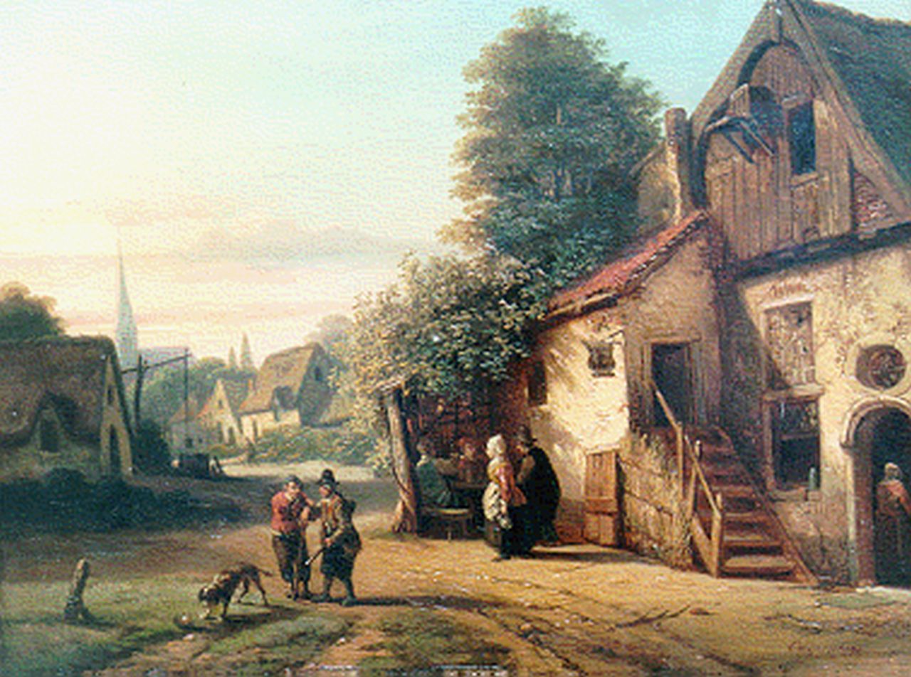Carpentero H.J.G.  | Henri Joseph Gommarus Carpentero, Bij de herberg, olieverf op paneel 25,4 x 34,8 cm, gesigneerd rechtsonder