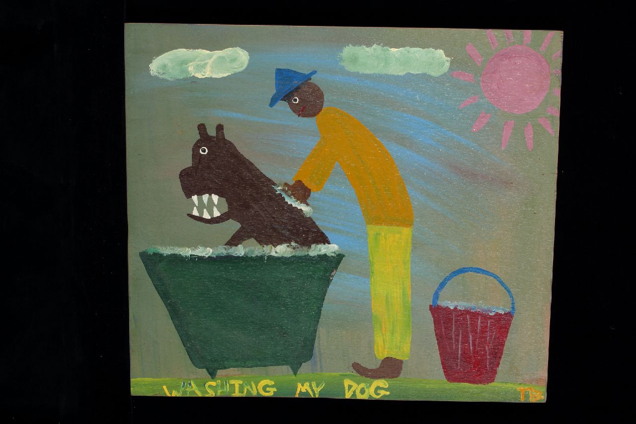 Brown T.  | Timothy 'Tim' Brown, Washing my dog, acryl op paneel 47,0 x 55,0 cm, gesigneerd rechtsonder met initialen