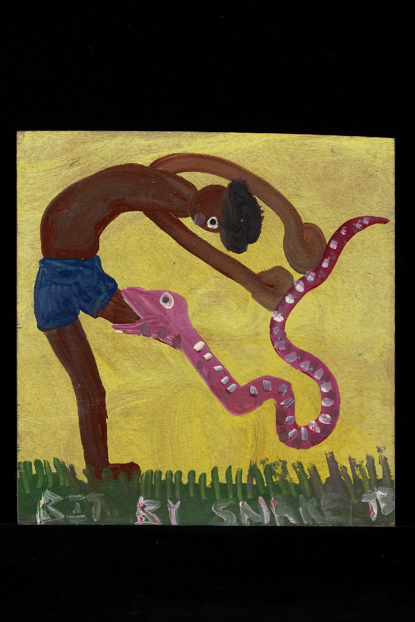 Brown T.  | Timothy 'Tim' Brown, Bit by snake, acryl op paneel 36,0 x 35,0 cm, gesigneerd rechtsonder met initialen