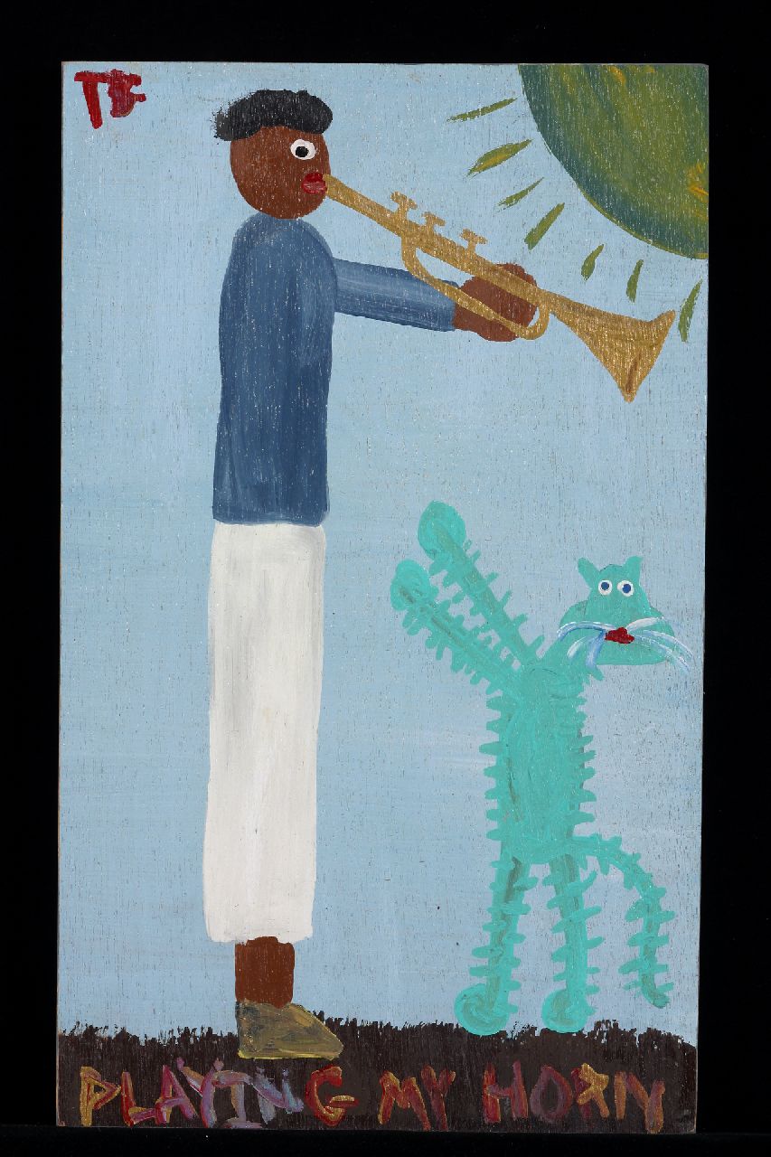 Brown T. | Timothy 'Tim' Brown, Playing my horn, acryl op paneel 44,0 x 27,0 cm, gesigneerd linksboven met initialen Brown T. | Timothy 'Tim' Brown, Playing my horn, acryl op paneel 44,0 x 27,0 cm, gesigneerd linksboven met initialen