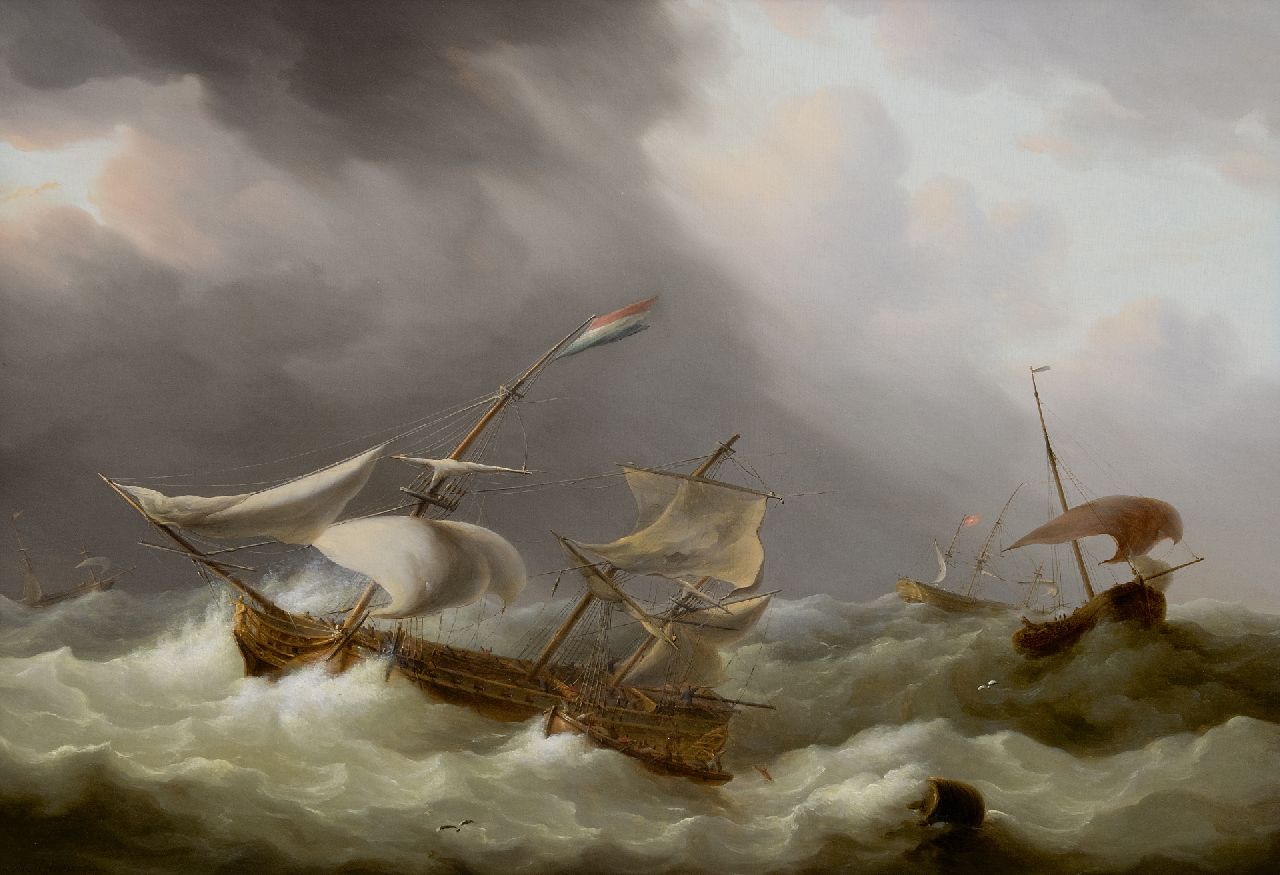 Martinus Schouman | Woelige zee met zeilschepen, olieverf op paneel, 51,0 x 71,5 cm, gesigneerd l.o.