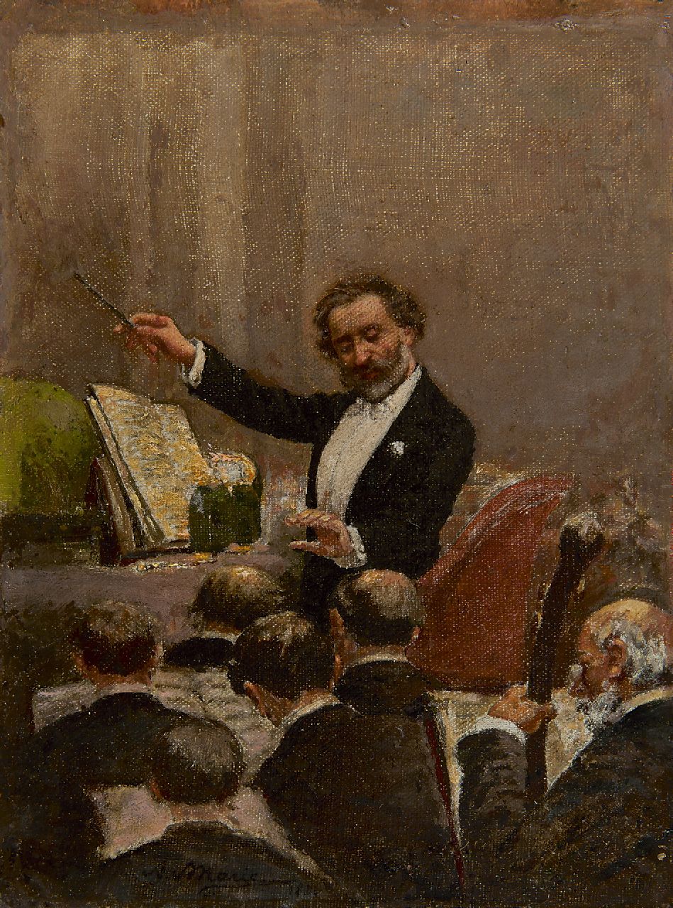 Marie A.E.  | Adrien Emmanuel Marie | Schilderijen te koop aangeboden | Giuseppe Verdi dirigeert de eerste voorstelling van Aïda in Parijs, 1880, olieverf op doek 29,8 x 22,5 cm, gesigneerd links van het midden. en gedateerd 1880