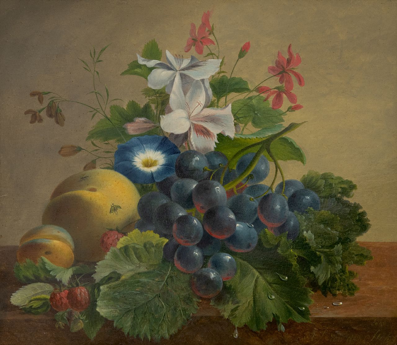 Jacoba van der Stok | Stilleven met bloemen en fruit op een p;int, olieverf op paneel, 26,2 x 30,1 cm, gesigneerd r.o. en gedateerd 1840