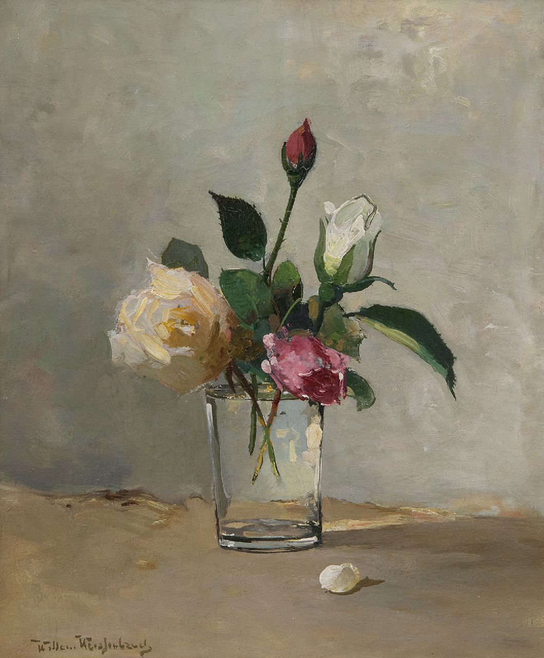 Weissenbruch W.J.  | 'Willem' Johannes Weissenbruch | Schilderijen te koop aangeboden | Stilleven met rozen in een glas, olieverf op doek 31,9 x 27,0 cm, gesigneerd linksonder