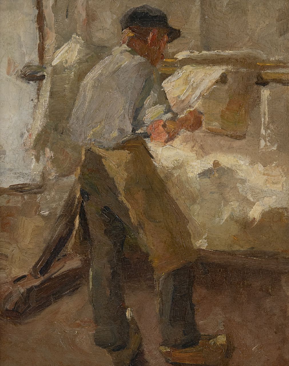 Rappard A.G.A. van | 'Anthon' Gerhard Alexander van Rappard | Schilderijen te koop aangeboden | Jonge arbeider aan een spanbok, olieverf op doek 33,1 x 26,3 cm, te dateren ca. 1890-1891