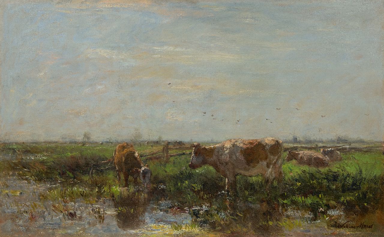 Maris W.  | Willem Maris | Schilderijen te koop aangeboden | Zomerlandschap met koeien op de rivieroever, olieverf op doek 53,8 x 87,2 cm, gesigneerd rechtsonder