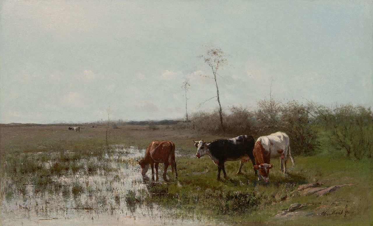 Maris W.  | Willem Maris, Grazende koeien aan het water, olieverf op doek 49,8 x 89,9 cm, gesigneerd rechtsonder
