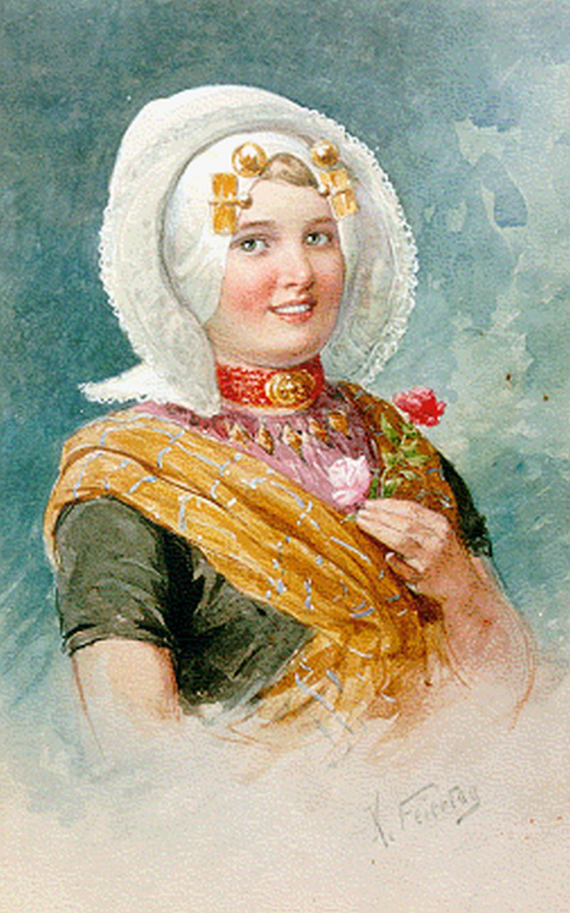 Feiertag K.  | Karl Feiertag, Zeeuws meisje met rozen, aquarel op papier 27,7 x 17,8 cm, gesigneerd rechtsonder