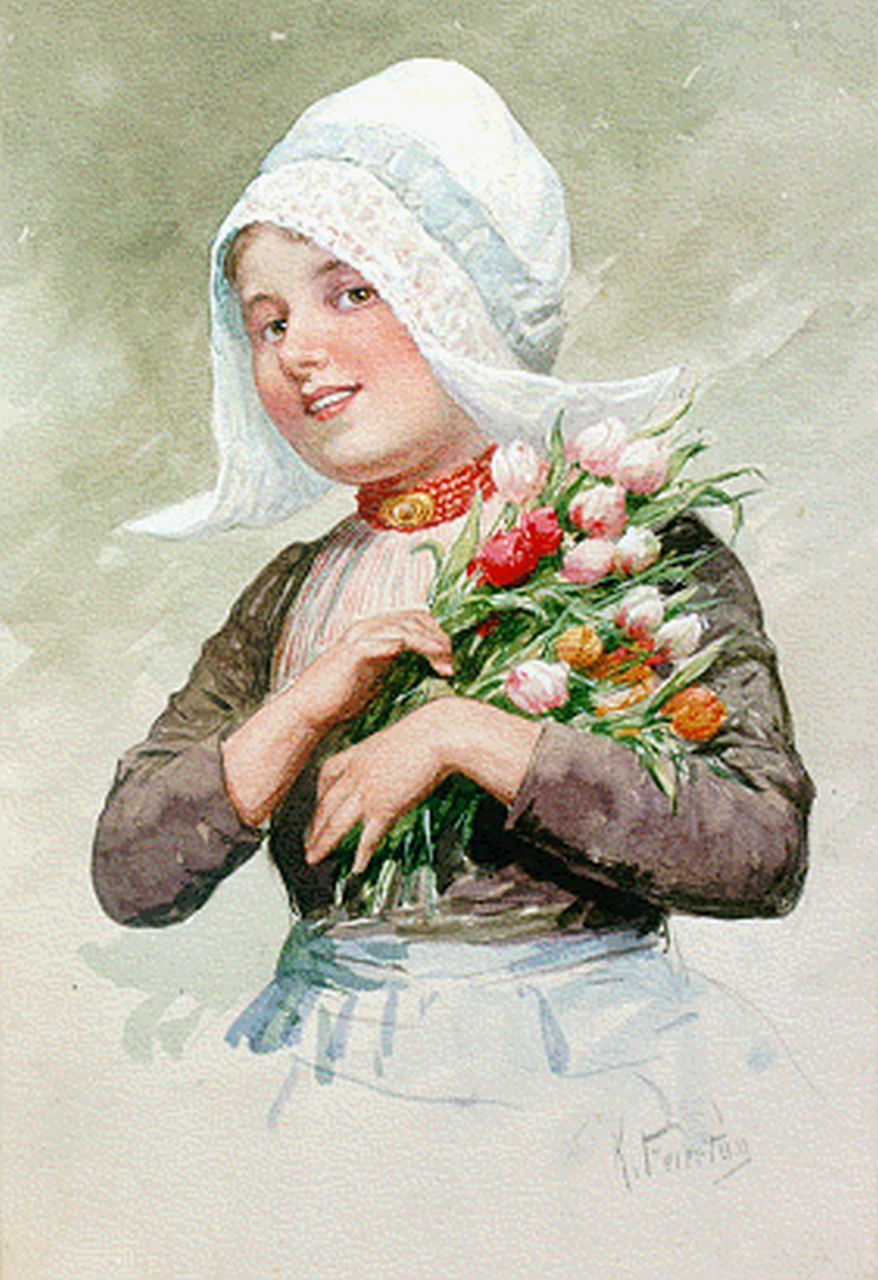 Feiertag K.  | Karl Feiertag, Volendams meisje met tulpen, aquarel op papier 27,8 x 17,8 cm, gesigneerd rechtsonder