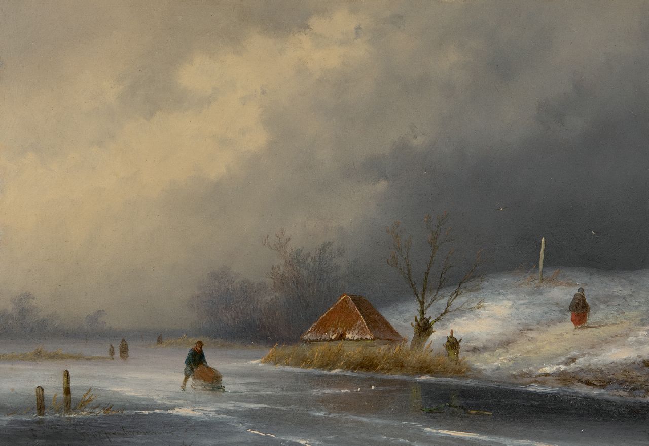 Hoppenbrouwers J.F.  | Johannes Franciscus Hoppenbrouwers | Schilderijen te koop aangeboden | Figuren op het ijs bij naderende sneeuwstorm, olieverf op paneel 22,3 x 31,5 cm, gesigneerd linksonder