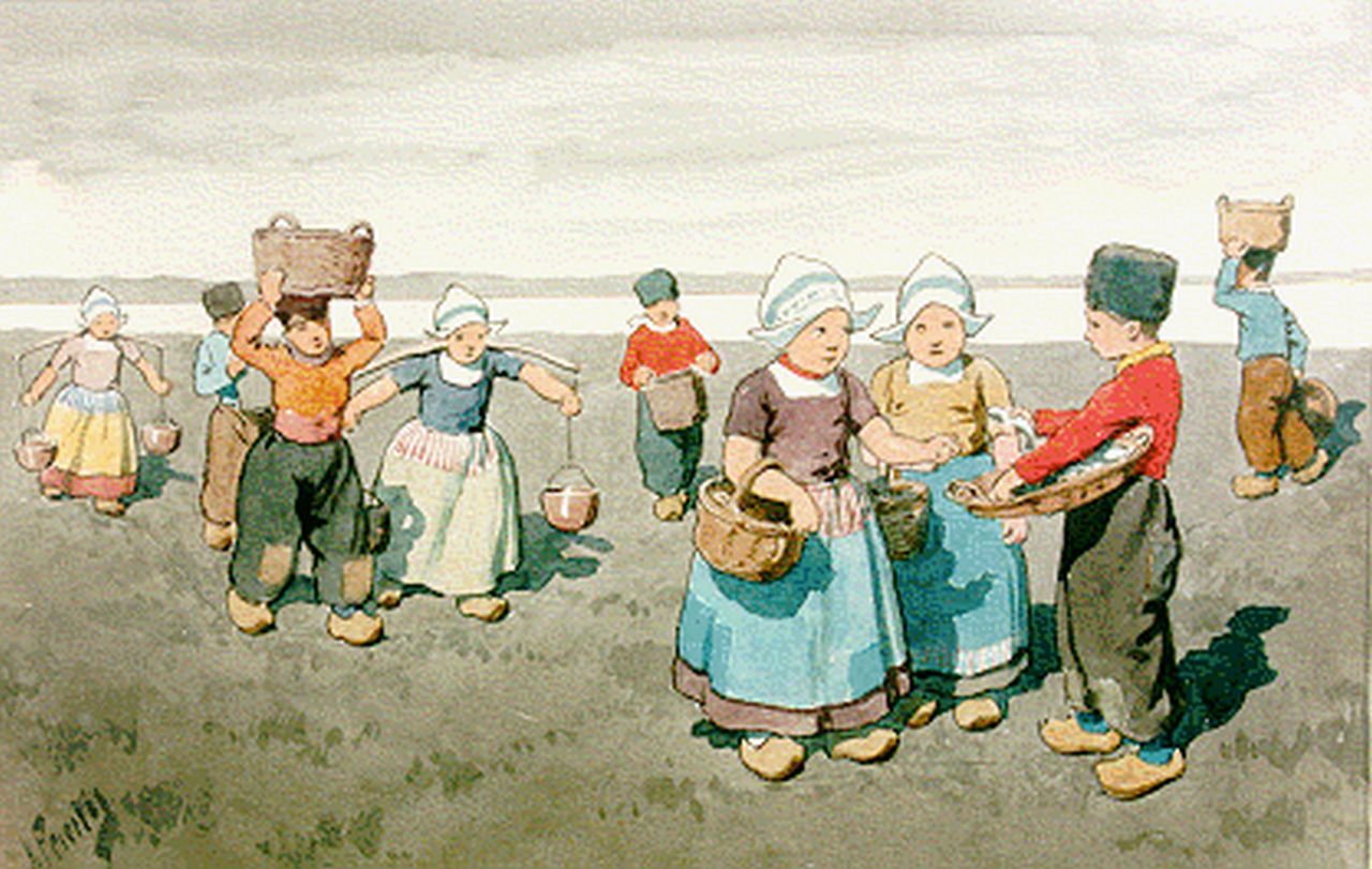 Feiertag K.  | Karl Feiertag, Volendamse kinderen in de zomer, aquarel op papier 17,8 x 28,0 cm, gesigneerd linksonder
