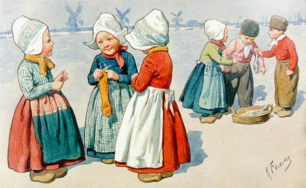 Feiertag K.  | Karl Feiertag, Twee groepjes Volendamse kinderen, aquarel op papier 17,8 x 27,8 cm, gesigneerd rechtsonder