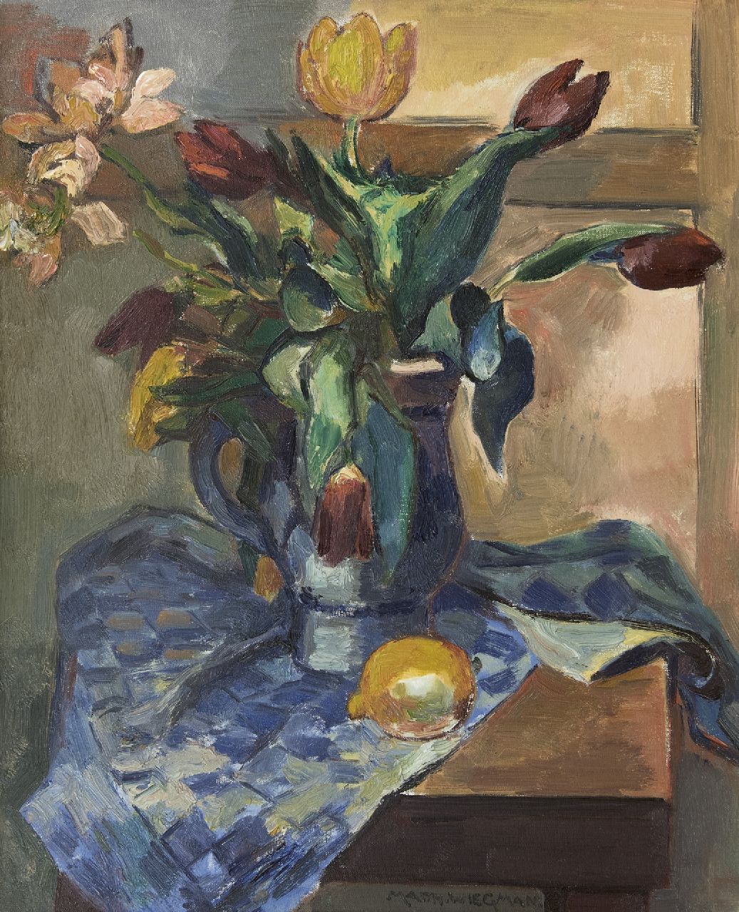 Wiegman M.J.M.  | Mattheus Johannes Marie 'Matthieu' Wiegman | Schilderijen te koop aangeboden | Stilleven met tulpen en een citroen, olieverf op doek 61,4 x 50,1 cm, gesigneerd middenonder