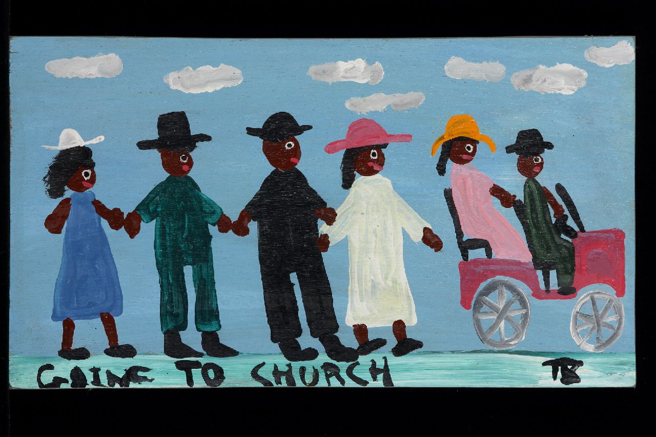 Brown T.  | Timothy 'Tim' Brown | Schilderijen te koop aangeboden | Going to church, acryl op paneel 23,0 x 41,0 cm, gesigneerd rechtsonder met initialen